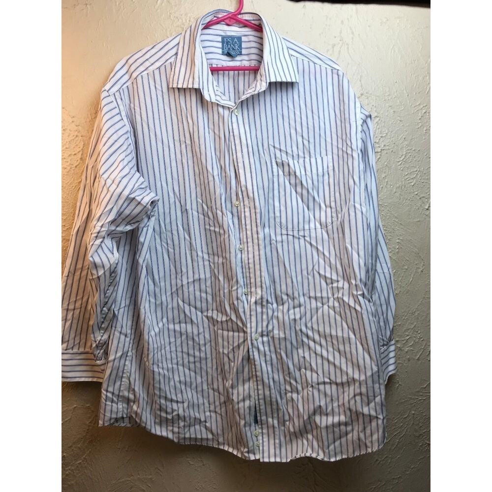 Jos A Bank Men's‎ Shirt Size 16.5-33 White Blue Long Sleeves Striped Stays Cool